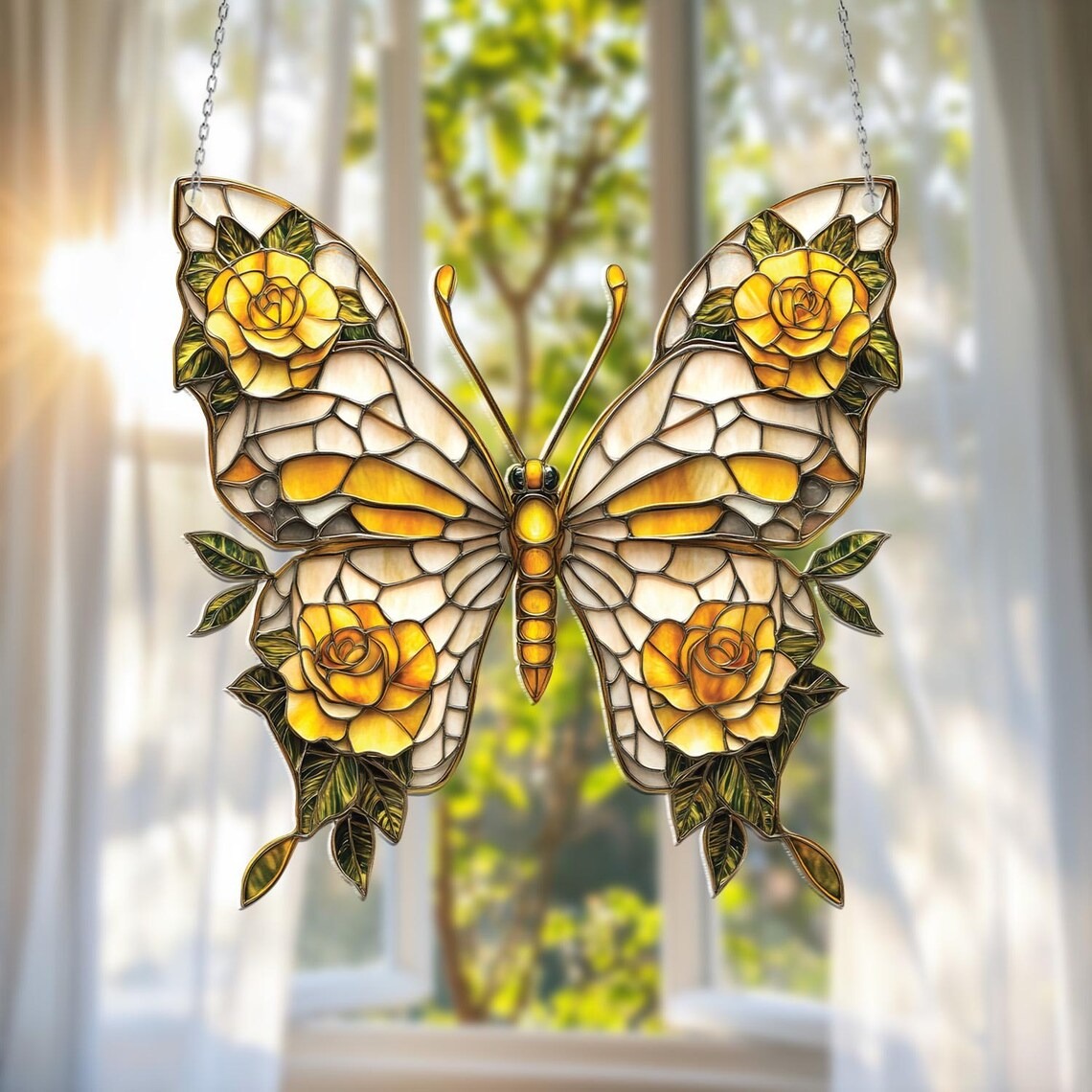 Yellow Butterfly with Roses Acrylic Window Hanging Home Decor
