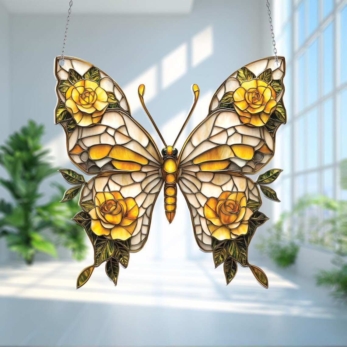 Yellow Butterfly with Roses Acrylic Window Hanging Home Decor