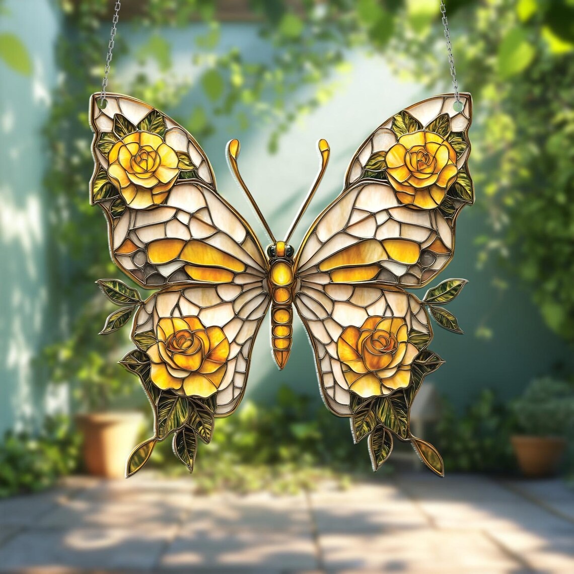 Yellow Butterfly with Roses Acrylic Window Hanging Home Decor