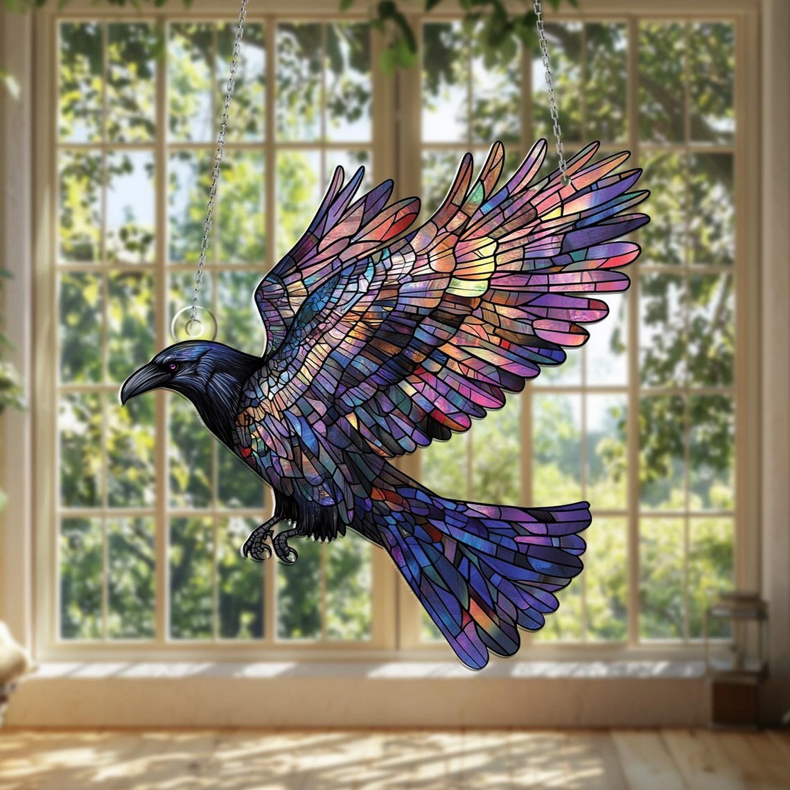 Raven Acrylic Window Hanging: Colorful Bird Art Decoration