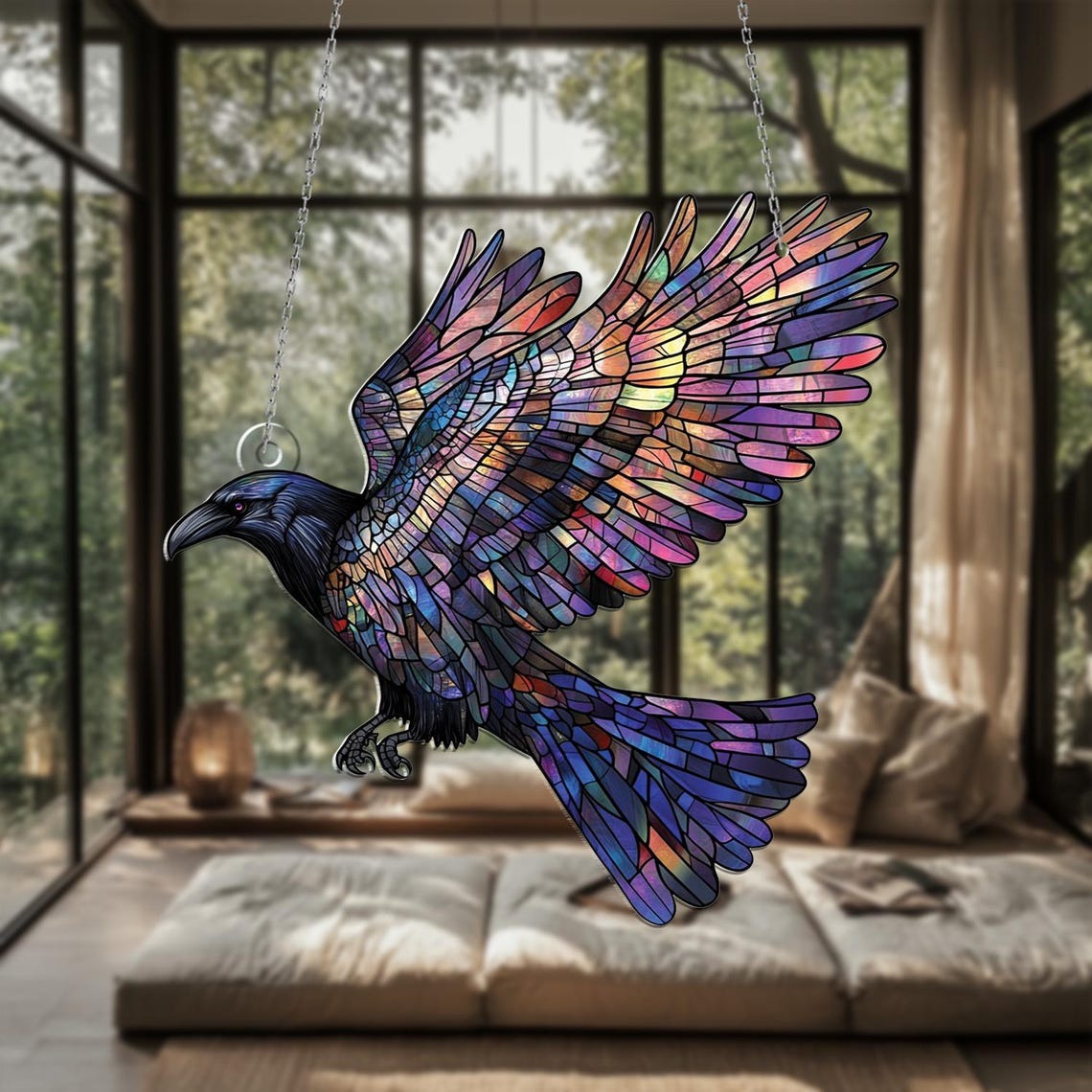 Raven Acrylic Window Hanging: Colorful Bird Art Decoration