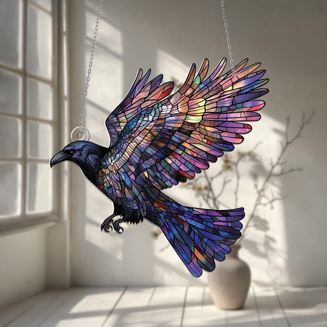 Raven Acrylic Window Hanging: Colorful Bird Art Decoration