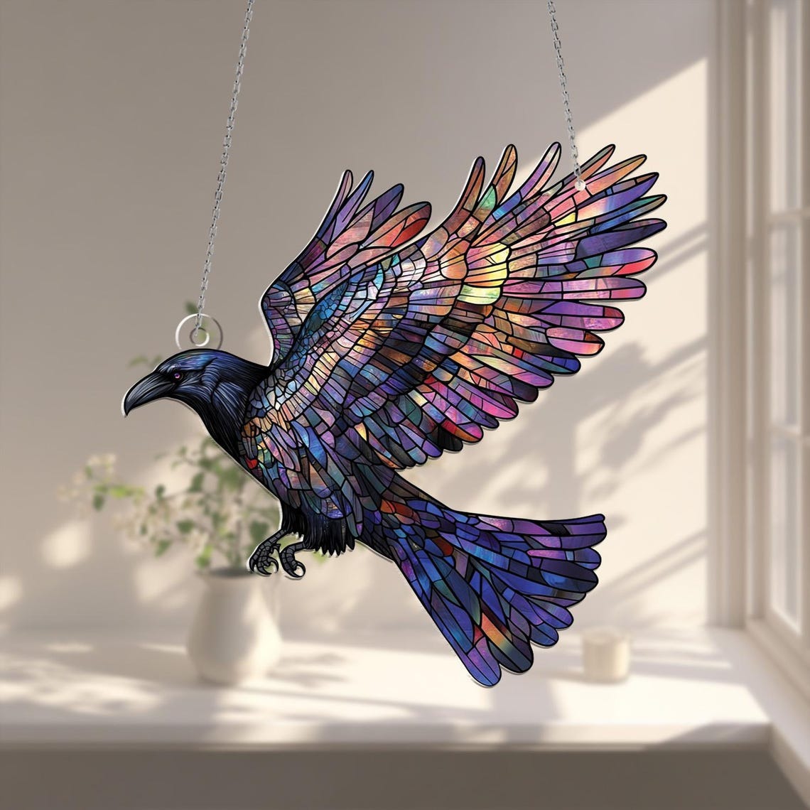 Raven Acrylic Window Hanging: Colorful Bird Art Decoration
