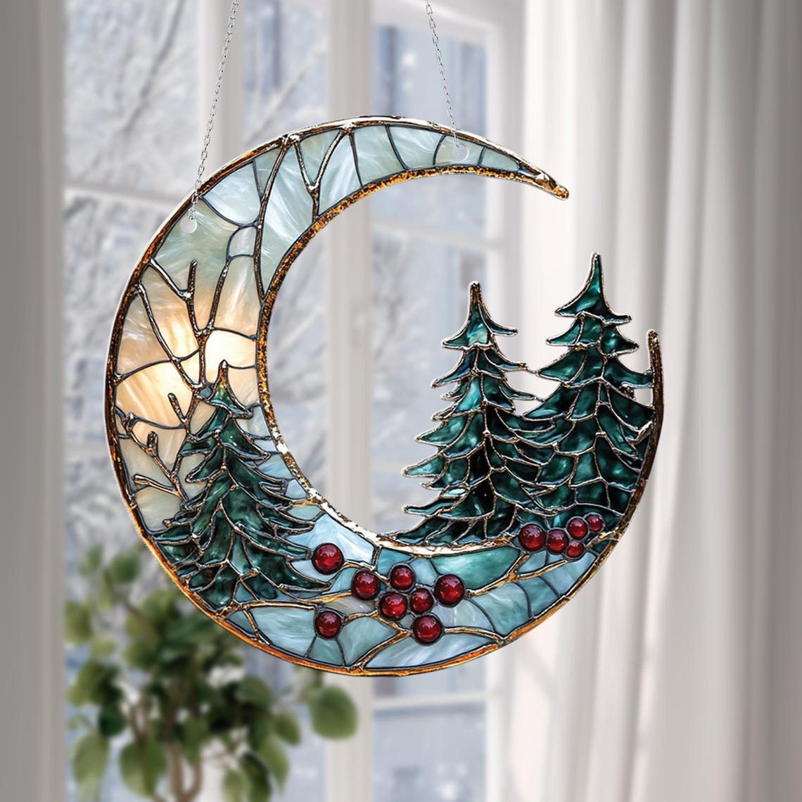 Crescent Moon Tree Acrylic Window Ornament Winter Pine, Red Berries