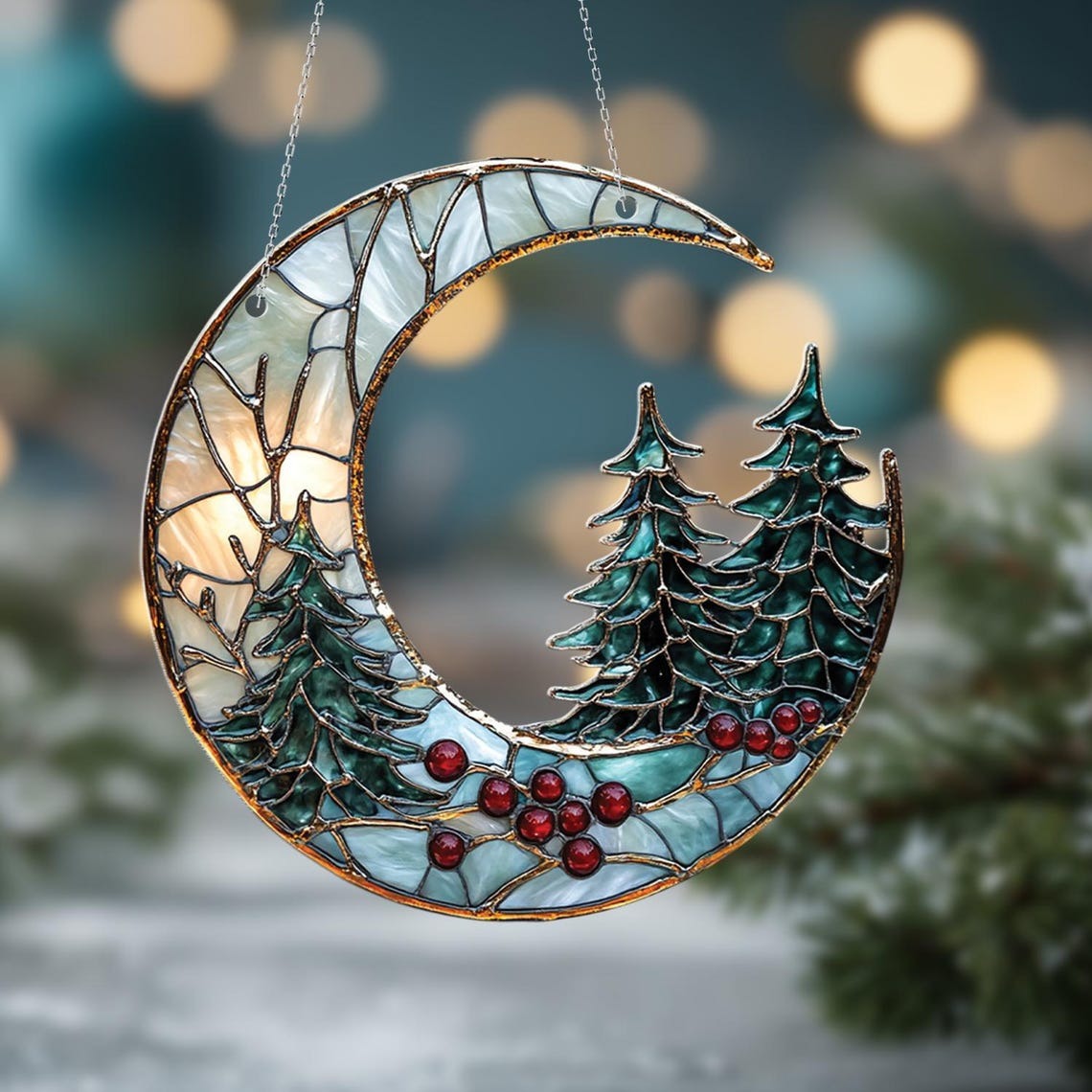 Crescent Moon Tree Acrylic Window Ornament Winter Pine, Red Berries