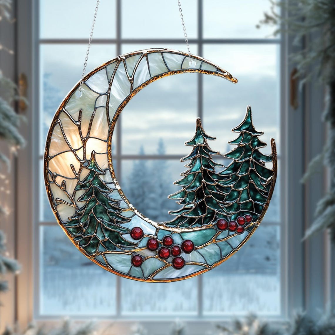 Crescent Moon Tree Acrylic Window Ornament Winter Pine, Red Berries