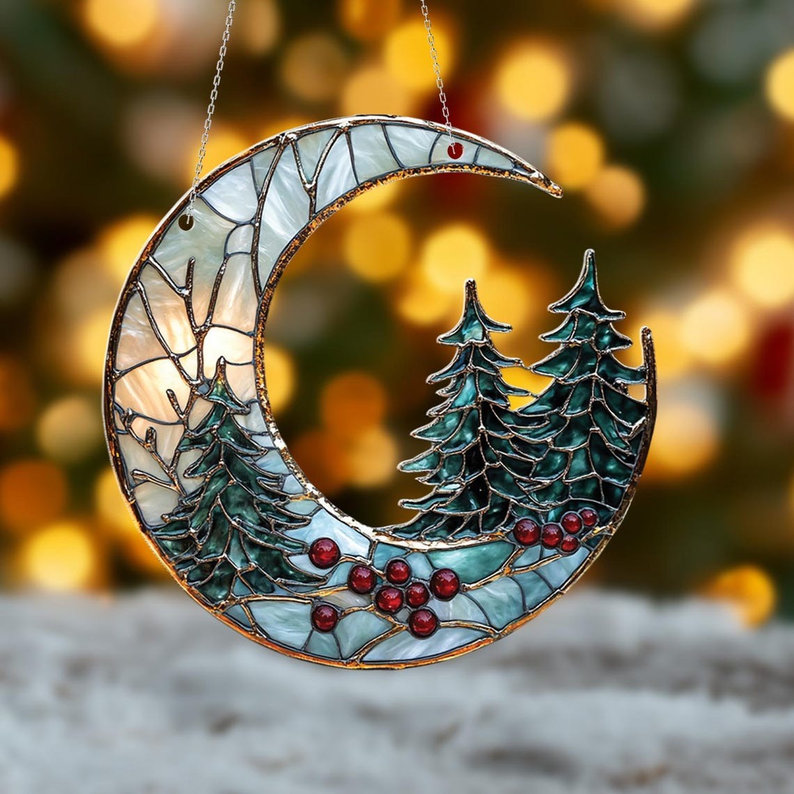 Crescent Moon Tree Acrylic Window Ornament Winter Pine, Red Berries