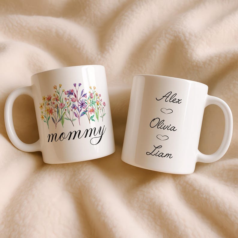 Personalized Mom Mug with Kids Names, Custom Mommy Floral Coffee Cup, Wildflower Ceramic Mug, Mother's Day Gift for Mom