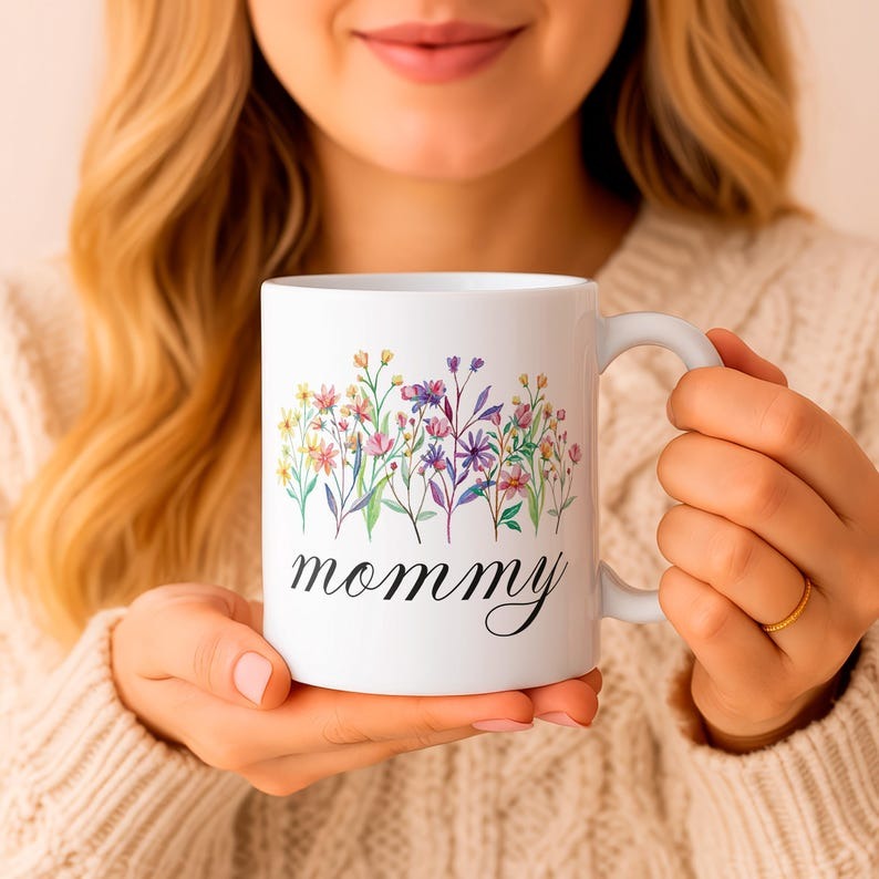 Personalized Mom Mug with Kids Names, Custom Mommy Floral Coffee Cup, Wildflower Ceramic Mug, Mother's Day Gift for Mom