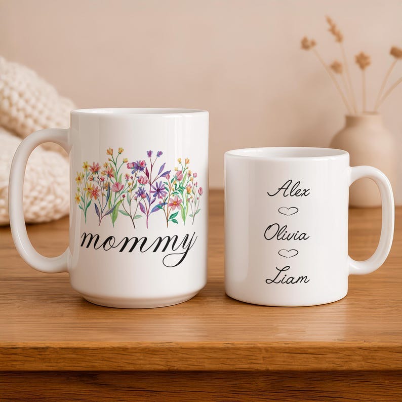 Personalized Mom Mug with Kids Names, Custom Mommy Floral Coffee Cup, Wildflower Ceramic Mug, Mother's Day Gift for Mom