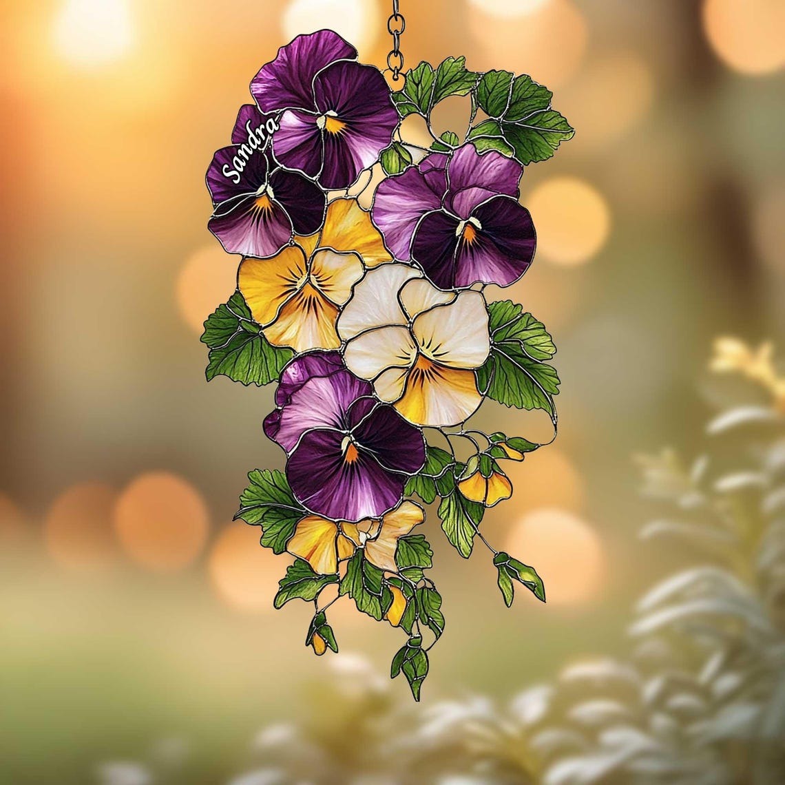 Pansy Flower Acrylic 2D Flat Suncatcher Faux Stained Glass Window Hanging with Yellow, Purple and White Petals Gift for Gardeners and Decor