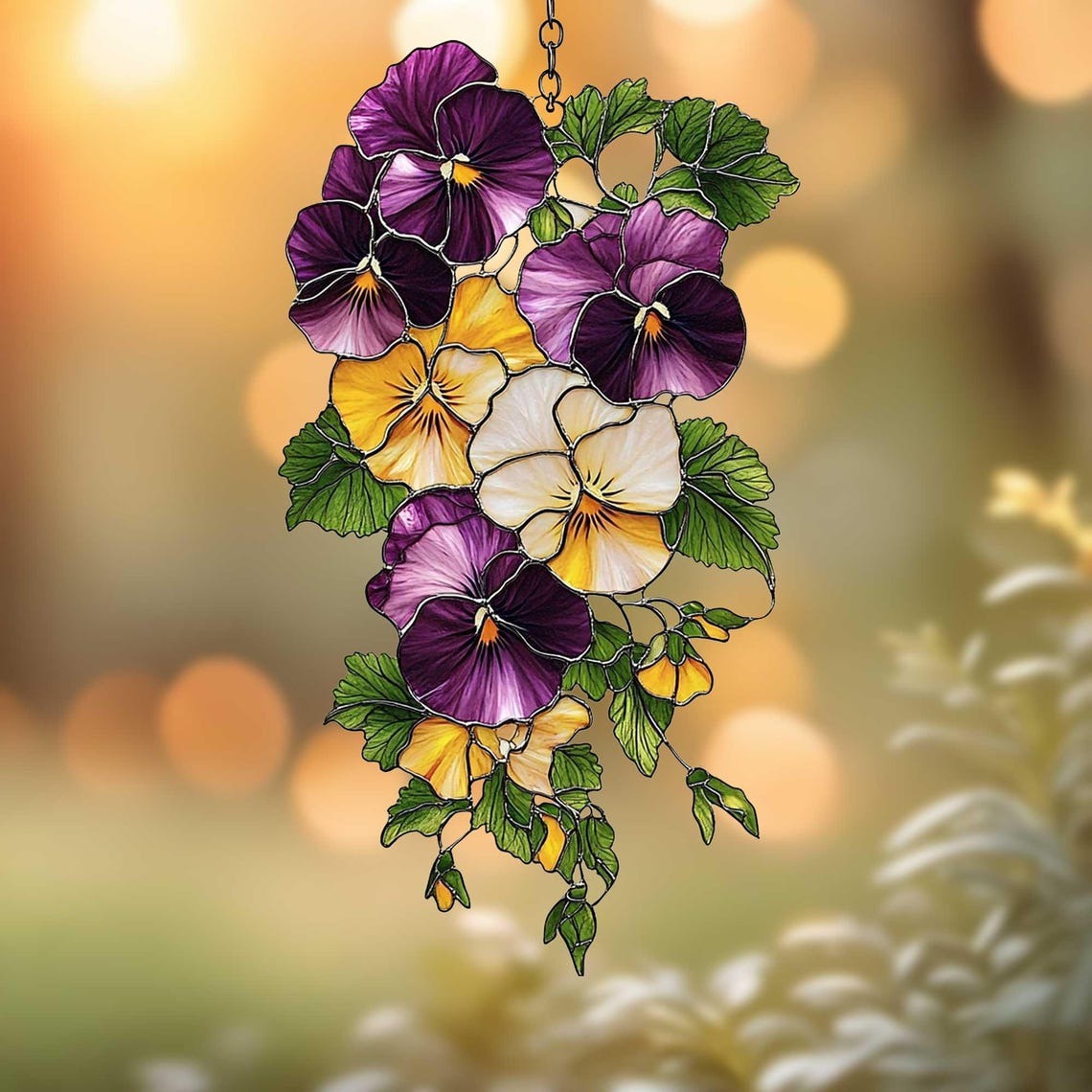 Pansy Flower Acrylic 2D Flat Suncatcher Faux Stained Glass Window Hanging with Yellow, Purple and White Petals Gift for Gardeners and Decor