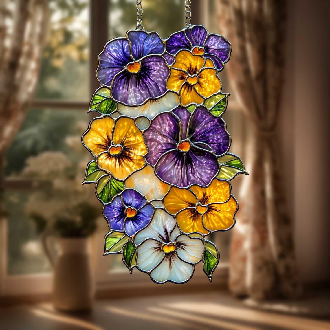 Pansy Flower Acrylic 2D Flat Suncatcher Faux Stained Glass Window Hanging with Yellow, Purple and White Petals Gift for Gardeners and Decor