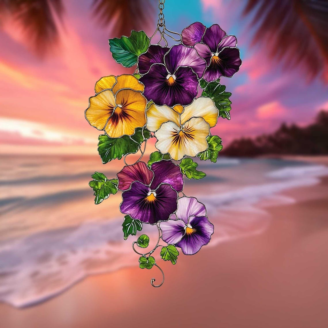 Pansy Flower Acrylic 2D Flat Suncatcher Faux Stained Glass Window Hanging with Yellow, Purple and White Petals Gift for Gardeners and Decor