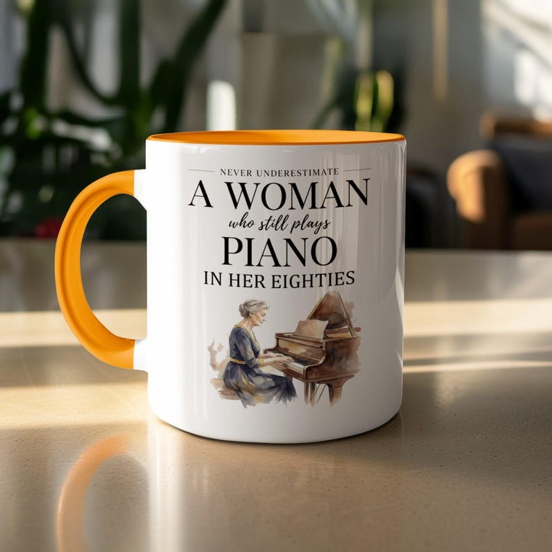 Never Underestimate a Woman Who Plays Piano Mug, Gift for Piano Player, Grandma Pianist Mug, Funny Musician Coffee Mug