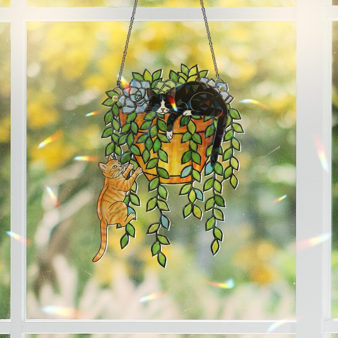 Custom Cat Breed Suncatcher Hologram Acrylic Window Hanging, Plant Pot & Cats Art
