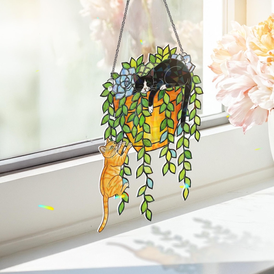 Custom Cat Breed Suncatcher Hologram Acrylic Window Hanging, Plant Pot & Cats Art