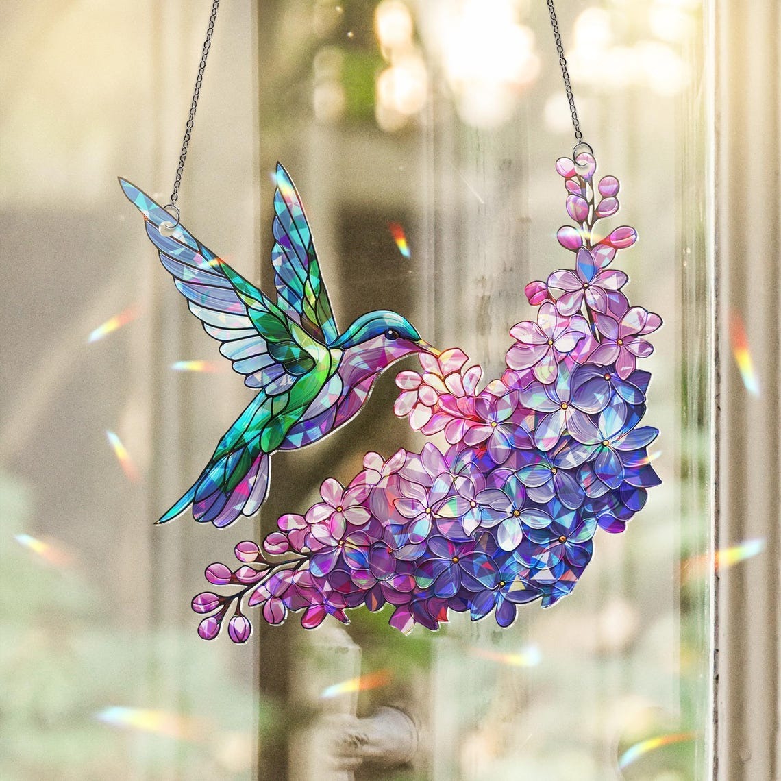 Holographic Hummingbird Suncatcher Lilac Window Decor Rainbow Maker