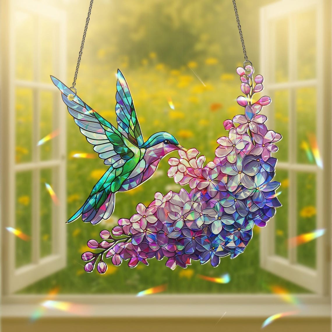 Holographic Hummingbird Suncatcher Lilac Window Decor Rainbow Maker