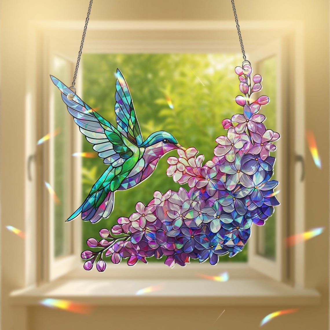 Holographic Hummingbird Suncatcher Lilac Window Decor Rainbow Maker