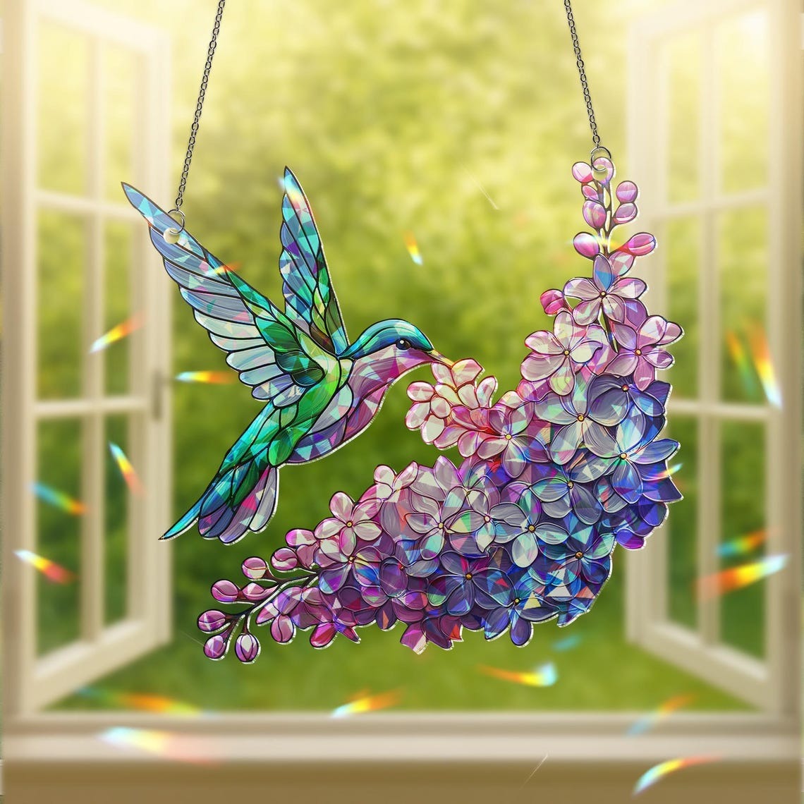 Holographic Hummingbird Suncatcher Lilac Window Decor Rainbow Maker