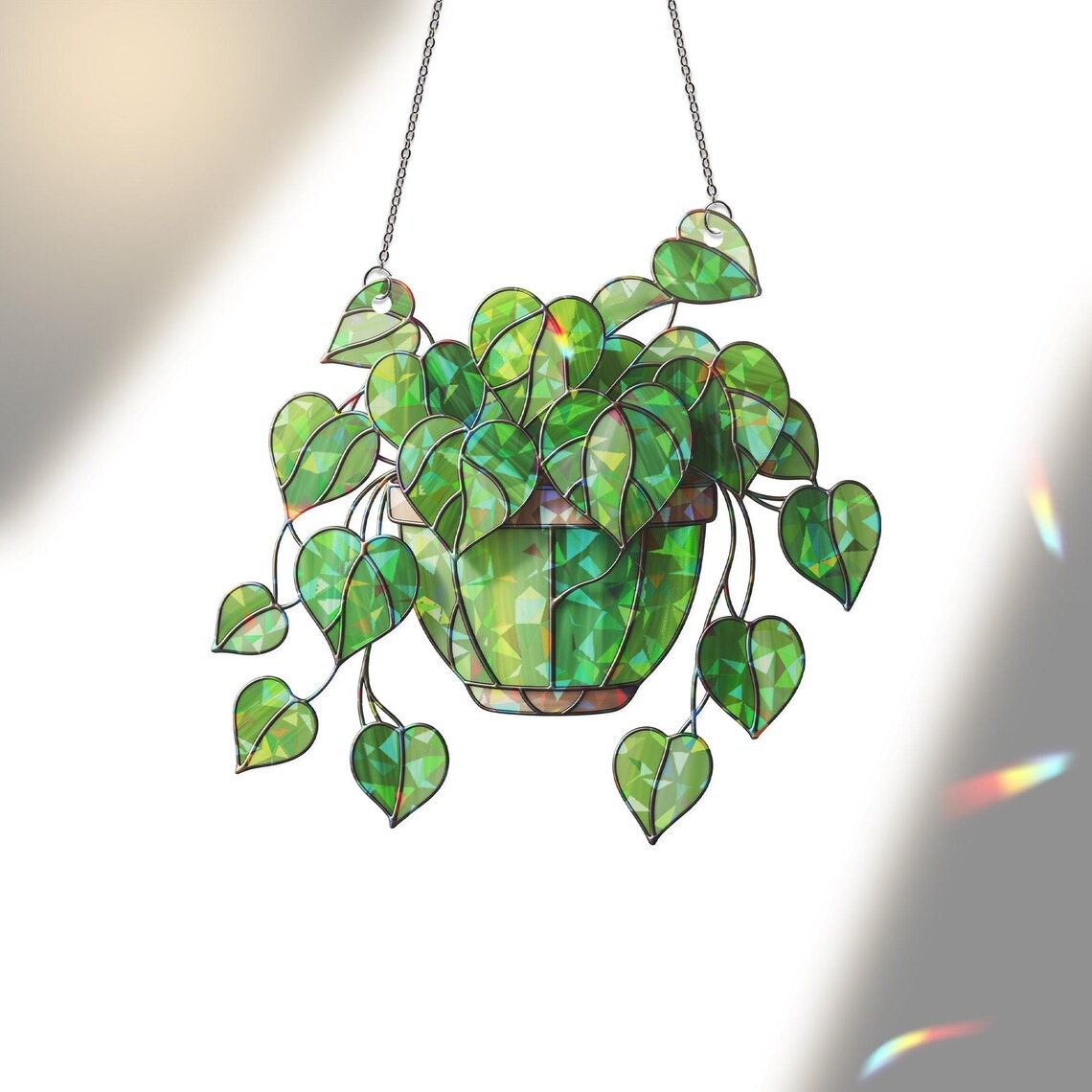 Hanging Heart Leaf Plant Acrylic Hologram Suncatcher | Green Philodendron Window Decor | Boho Houseplant Gift
