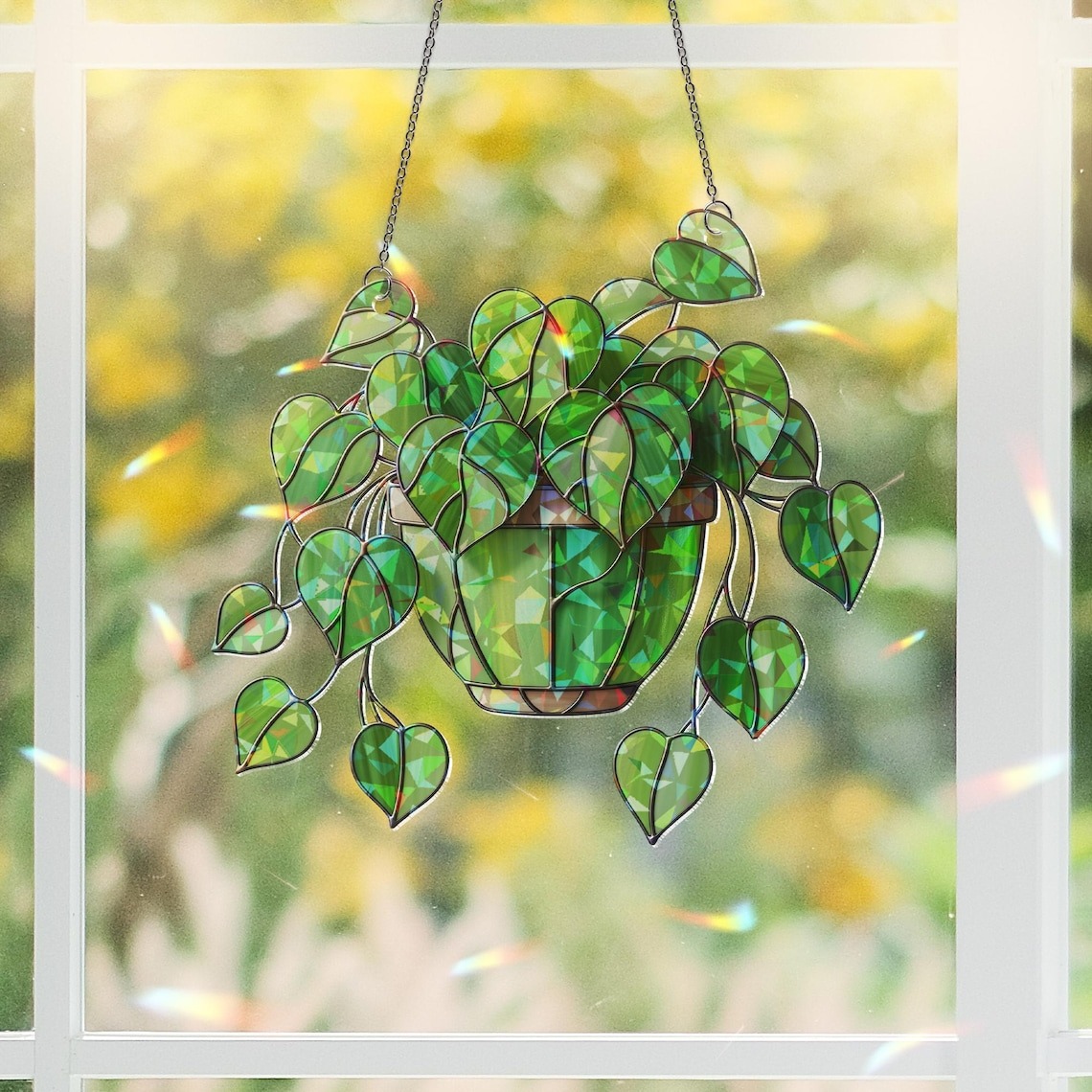 Hanging Heart Leaf Plant Acrylic Hologram Suncatcher | Green Philodendron Window Decor | Boho Houseplant Gift