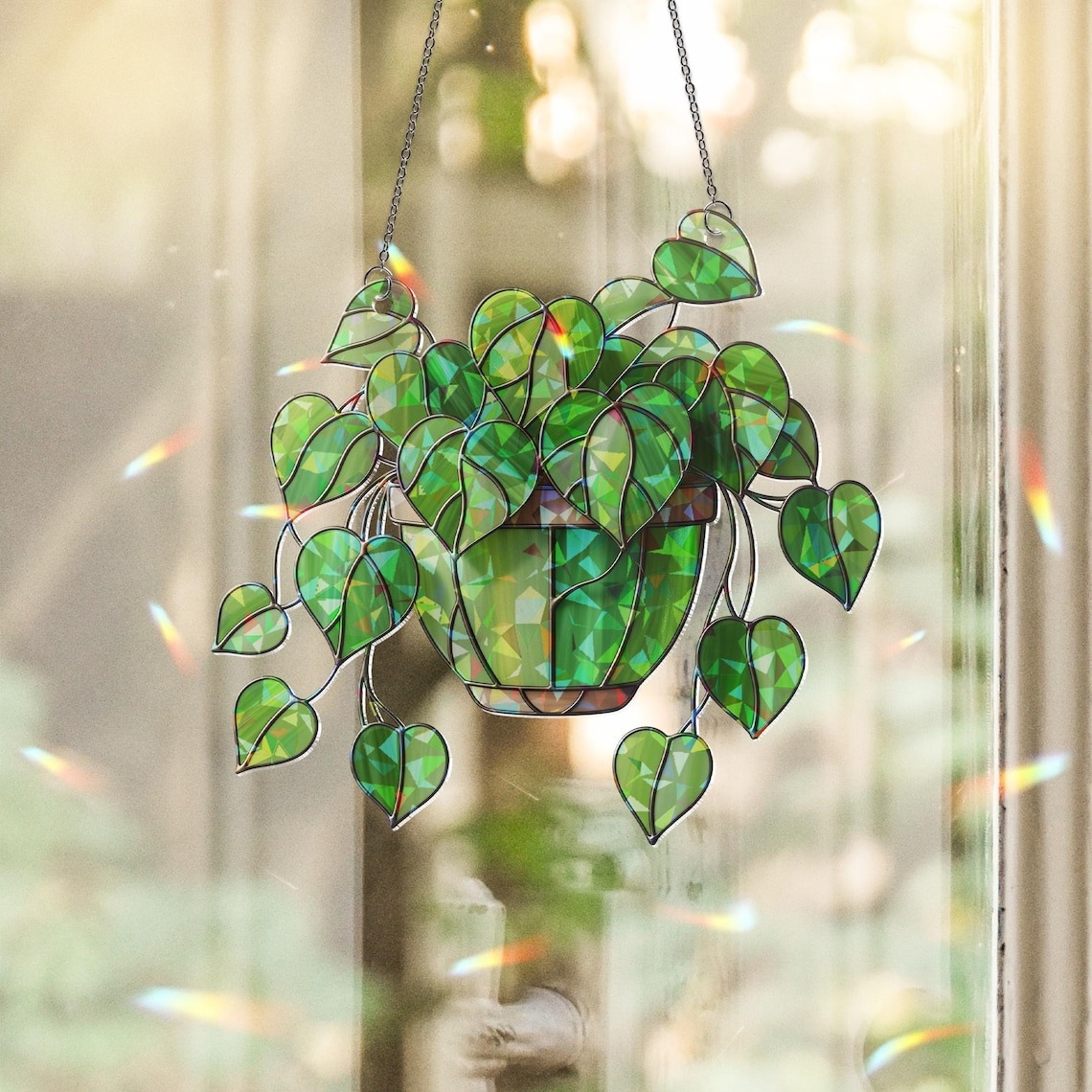 Hanging Heart Leaf Plant Acrylic Hologram Suncatcher | Green Philodendron Window Decor | Boho Houseplant Gift