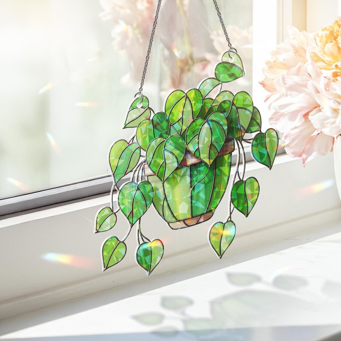 Hanging Heart Leaf Plant Acrylic Hologram Suncatcher | Green Philodendron Window Decor | Boho Houseplant Gift