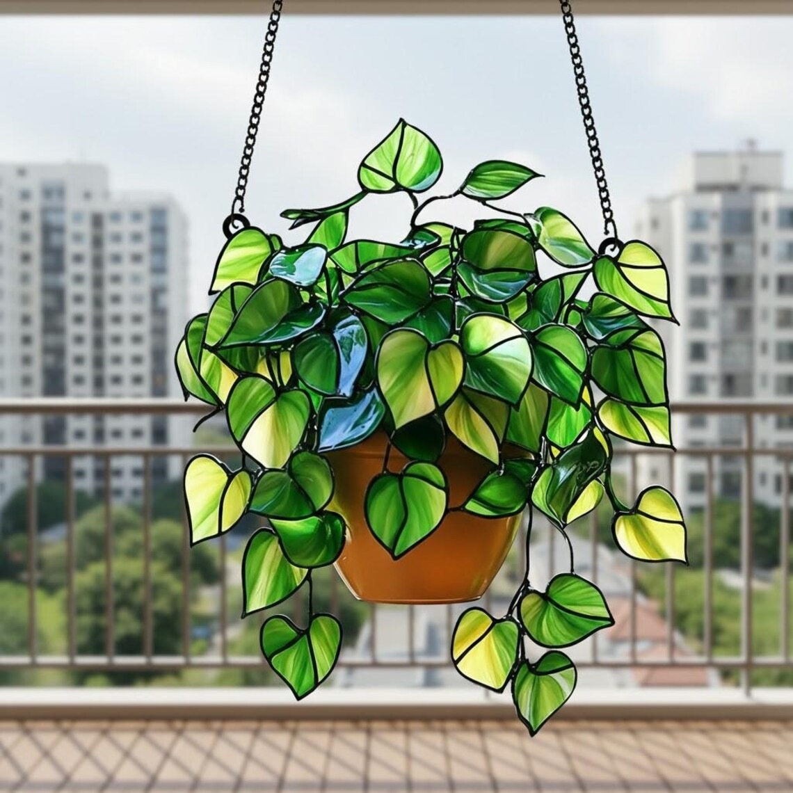 Pothos Stained Glass Acrylic Suncatcher, Hanging Plant Window Decor, Plant Lover Gift - Faux Greenery Art - Boho Philodendron Home Decor