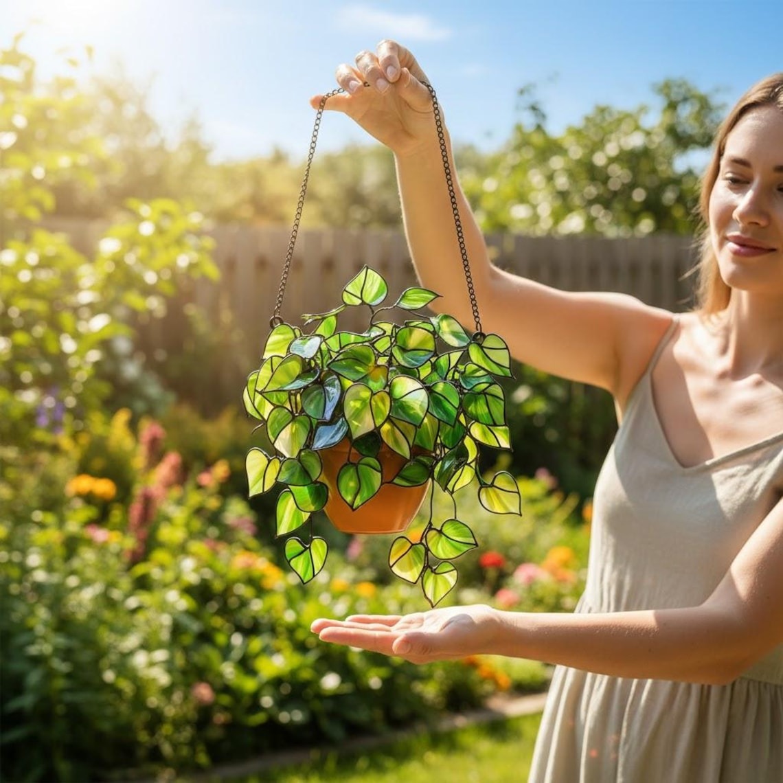 Pothos Stained Glass Acrylic Suncatcher, Hanging Plant Window Decor, Plant Lover Gift - Faux Greenery Art - Boho Philodendron Home Decor