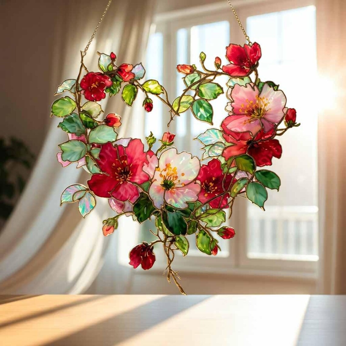 Floral Heart Wreath Suncatcher Window Hanging Decor 2026: Stained Glass Style Botanical Ornament for Romantic Window Decoration