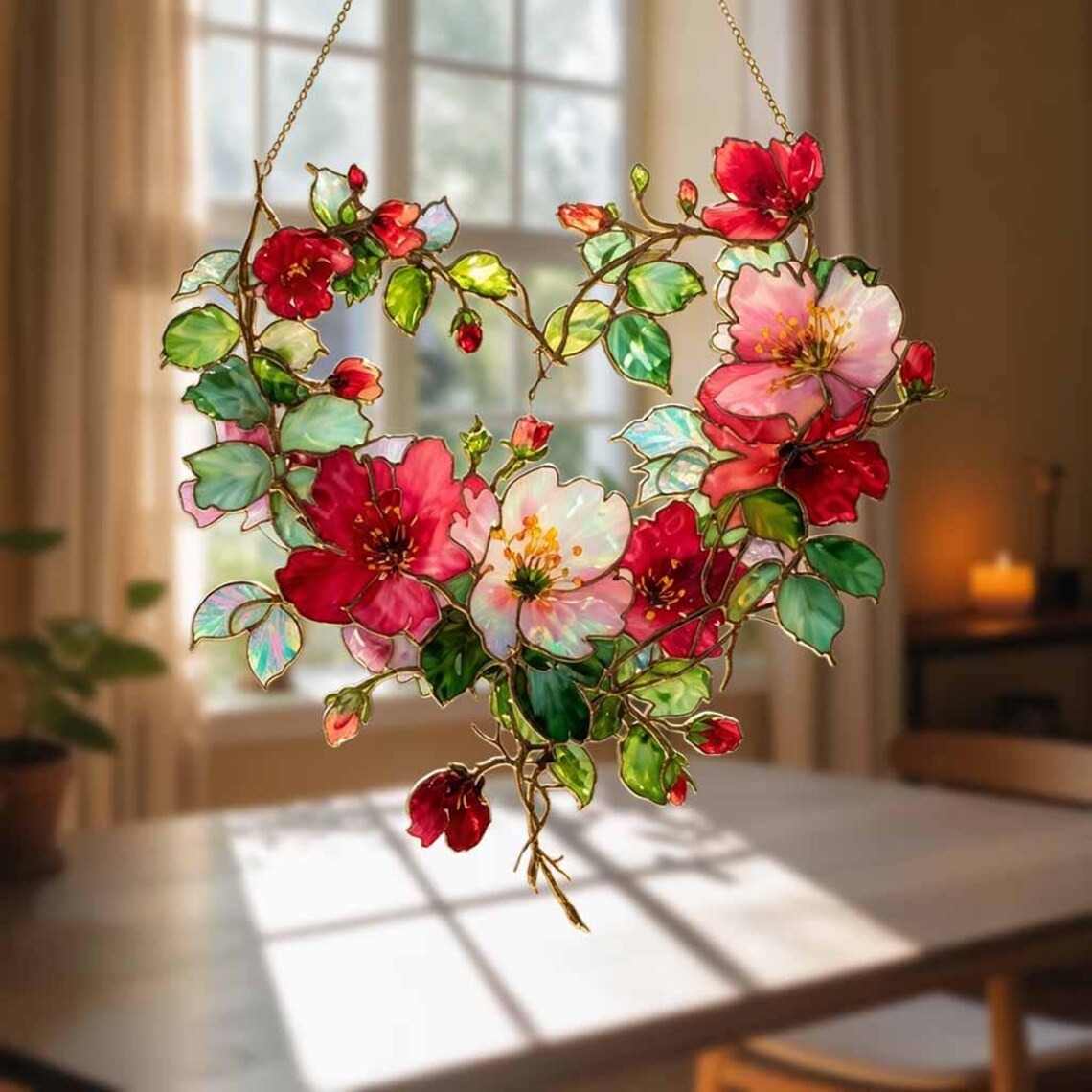 Floral Heart Wreath Suncatcher Window Hanging Decor 2026: Stained Glass Style Botanical Ornament for Romantic Window Decoration