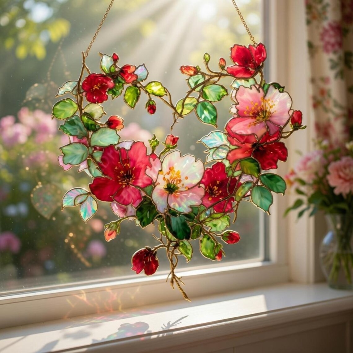 Floral Heart Wreath Suncatcher Window Hanging Decor 2026: Stained Glass Style Botanical Ornament for Romantic Window Decoration