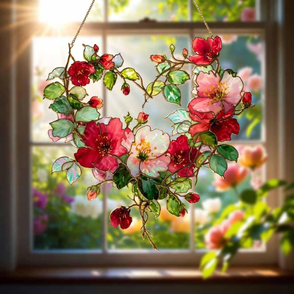 Floral Heart Wreath Suncatcher Window Hanging Decor 2026: Stained Glass Style Botanical Ornament for Romantic Window Decoration