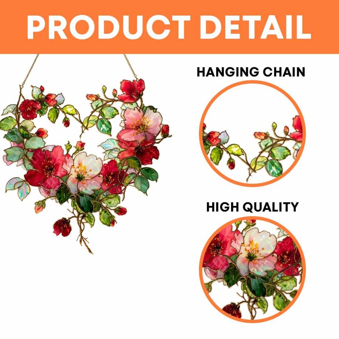 Floral Heart Wreath Suncatcher Window Hanging Decor 2026: Stained Glass Style Botanical Ornament for Romantic Window Decoration