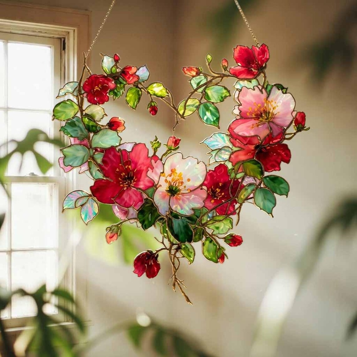 Floral Heart Wreath Suncatcher Window Hanging Decor 2026: Stained Glass Style Botanical Ornament for Romantic Window Decoration