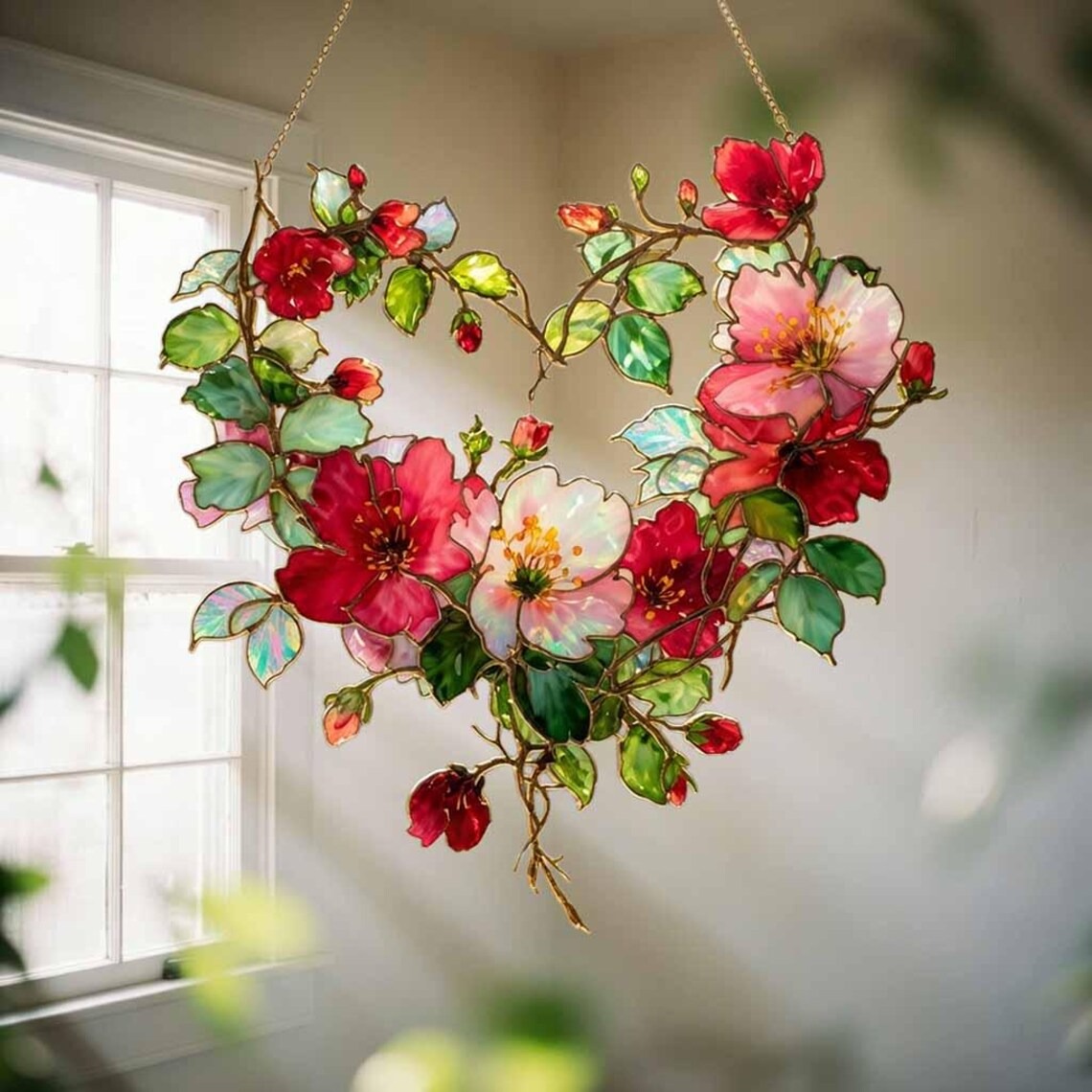 Floral Heart Wreath Suncatcher Window Hanging Decor 2026: Stained Glass Style Botanical Ornament for Romantic Window Decoration