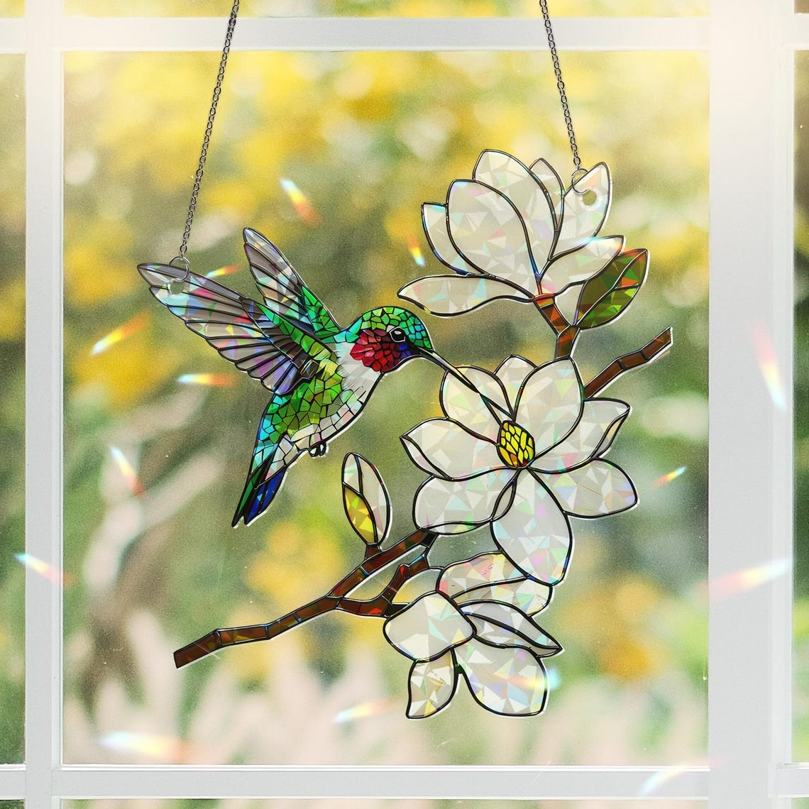 Holographic Hummingbird Suncatcher: Magnolia Flower Acrylic Window Hanging