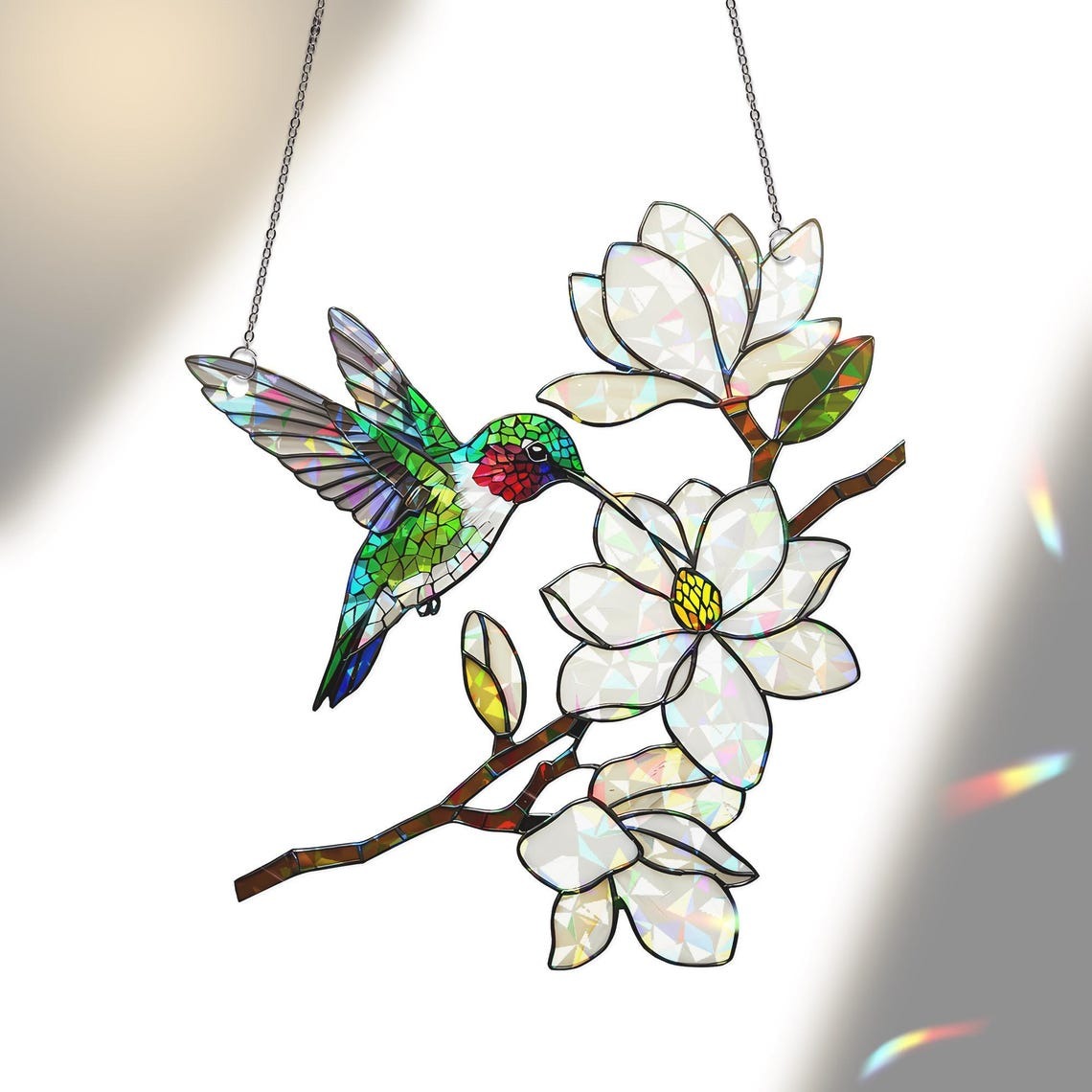 Holographic Hummingbird Suncatcher: Magnolia Flower Acrylic Window Hanging