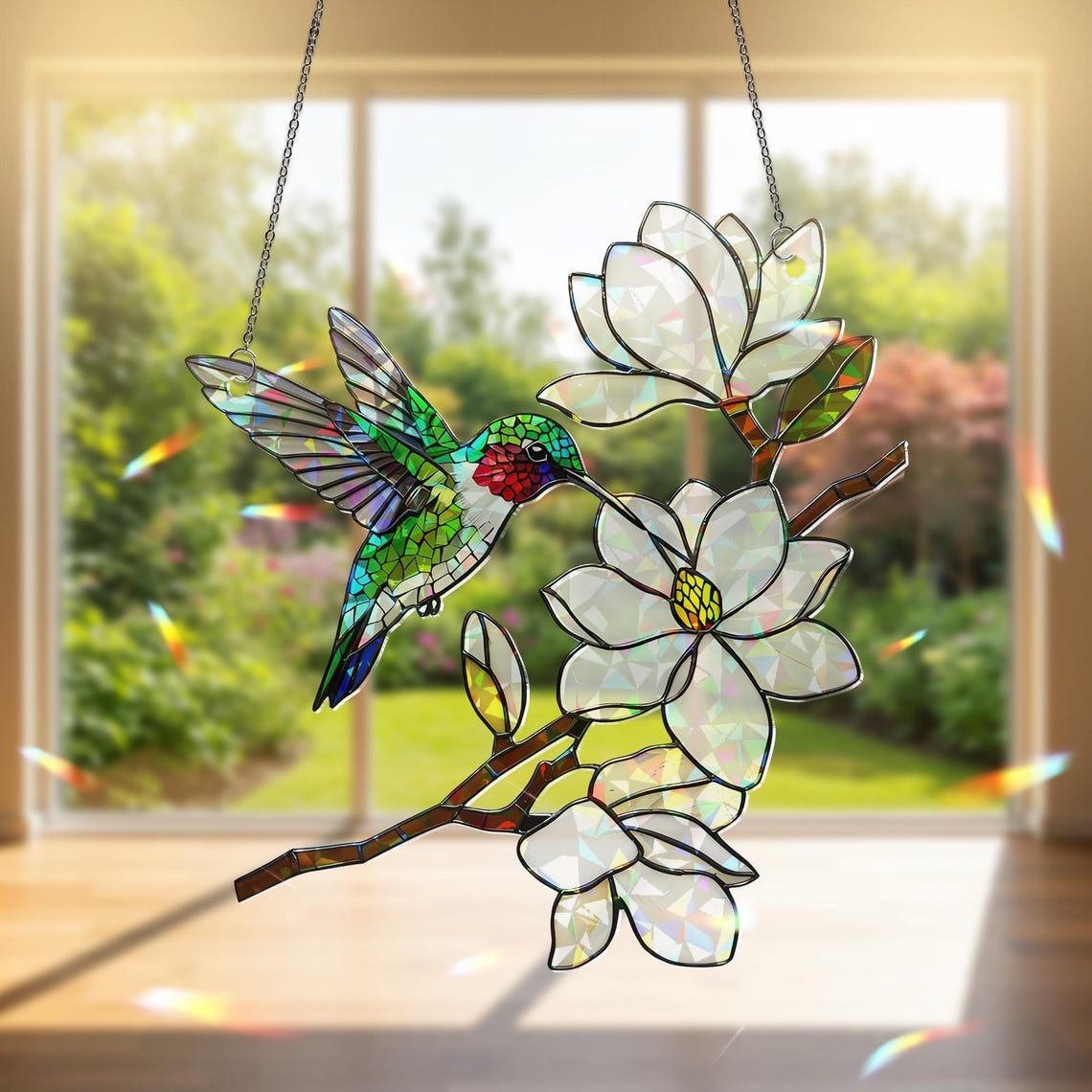 Holographic Hummingbird Suncatcher: Magnolia Flower Acrylic Window Hanging
