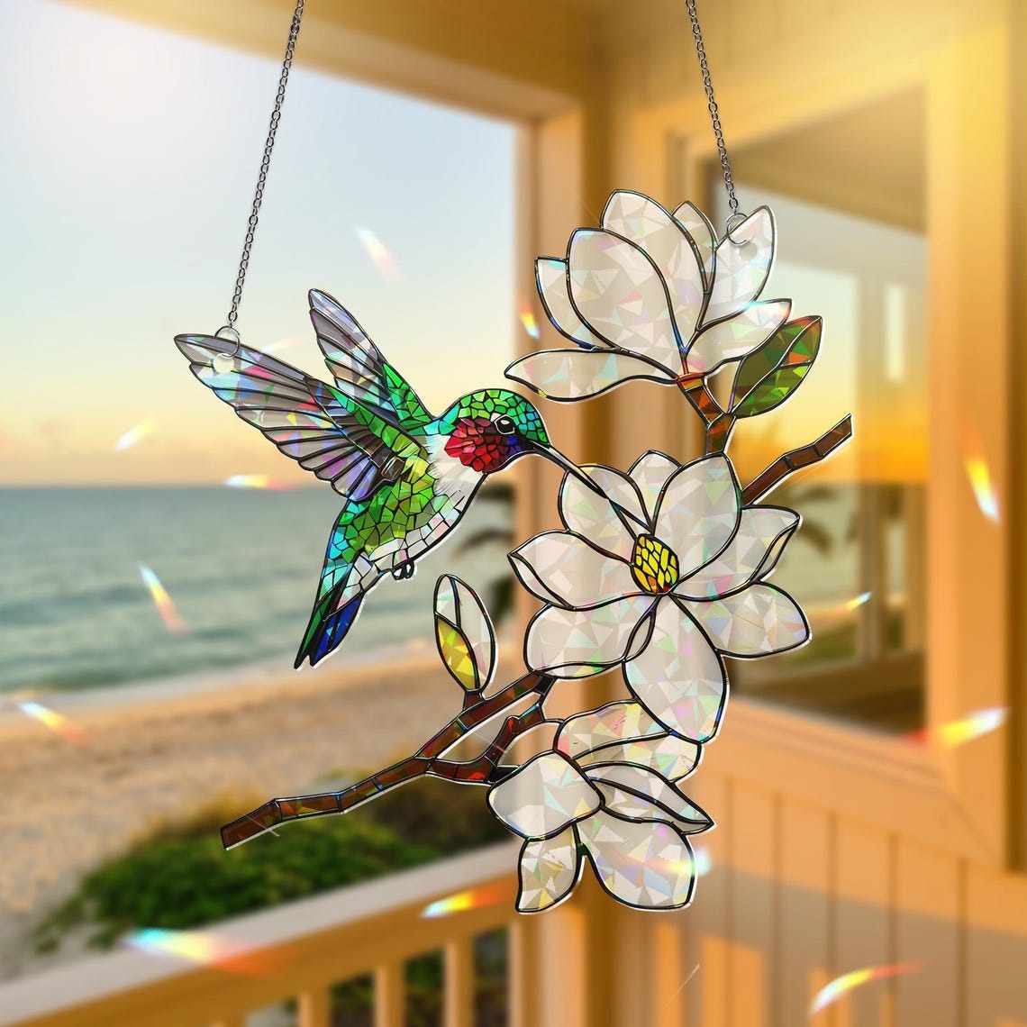 Holographic Hummingbird Suncatcher: Magnolia Flower Acrylic Window Hanging