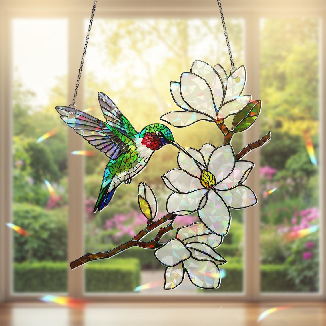 Holographic Hummingbird Suncatcher: Magnolia Flower Acrylic Window Hanging