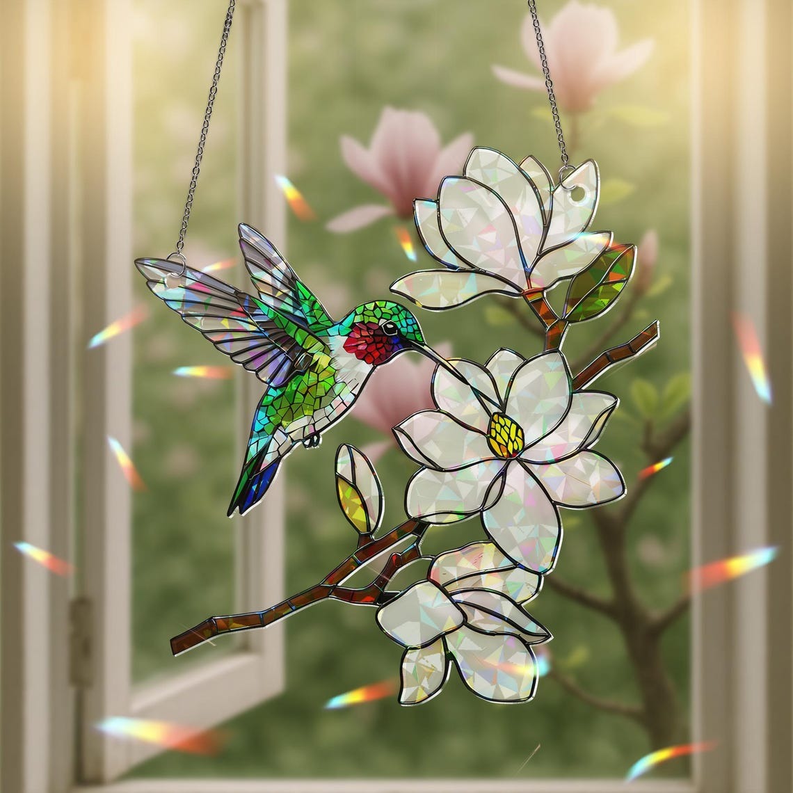 Holographic Hummingbird Suncatcher: Magnolia Flower Acrylic Window Hanging