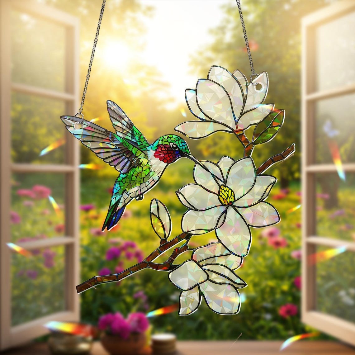 Holographic Hummingbird Suncatcher: Magnolia Flower Acrylic Window Hanging