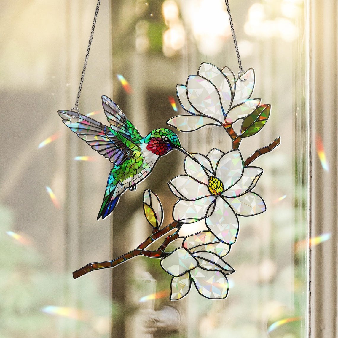 Holographic Hummingbird Suncatcher: Magnolia Flower Acrylic Window Hanging