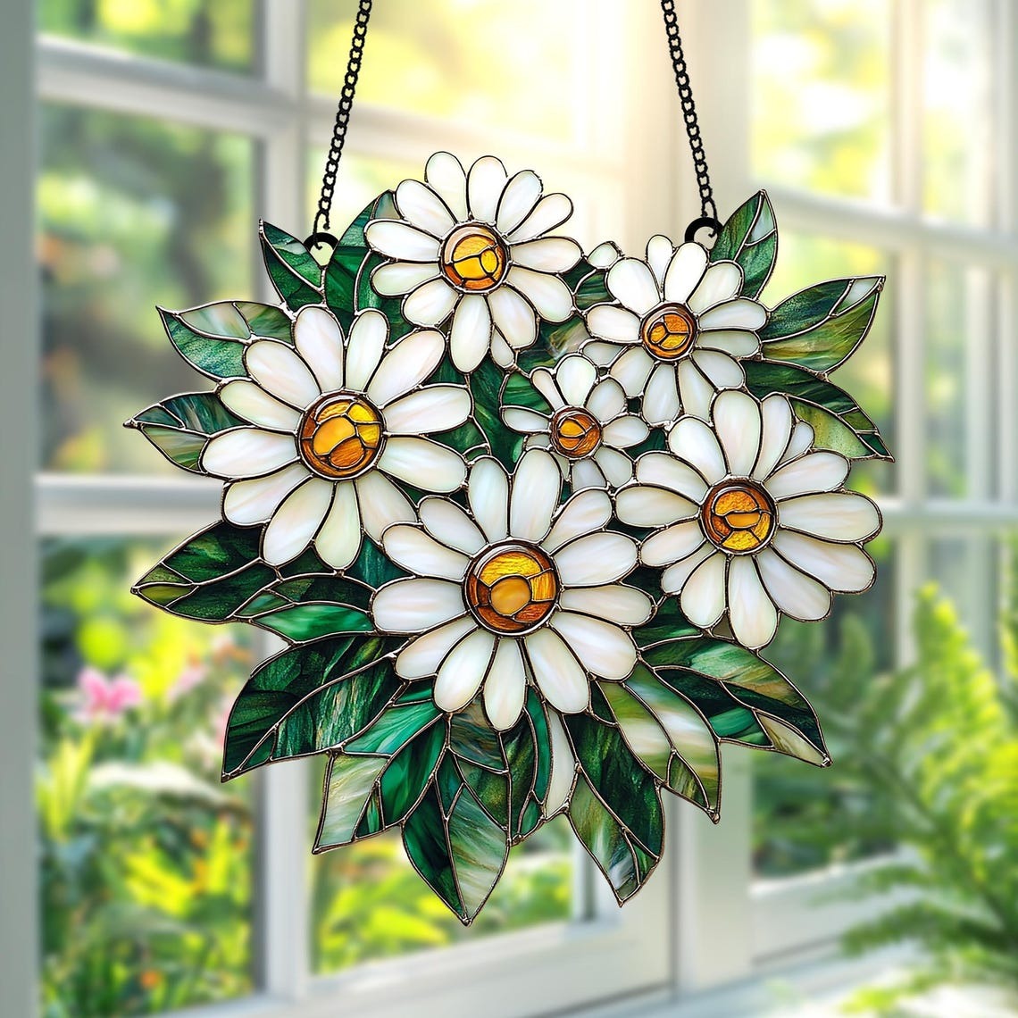 Daisy Flower Acrylic 2D FLAT Suncatcher – Faux Stained Glass Window Hanging with White Petals and Green Leaves