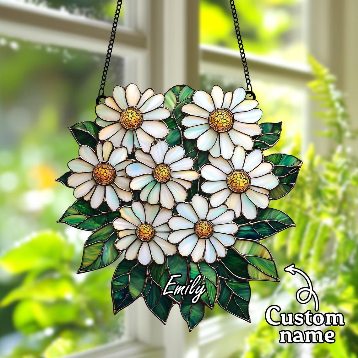 Daisy Flower Acrylic 2D FLAT Suncatcher – Faux Stained Glass Window Hanging with White Petals and Green Leaves