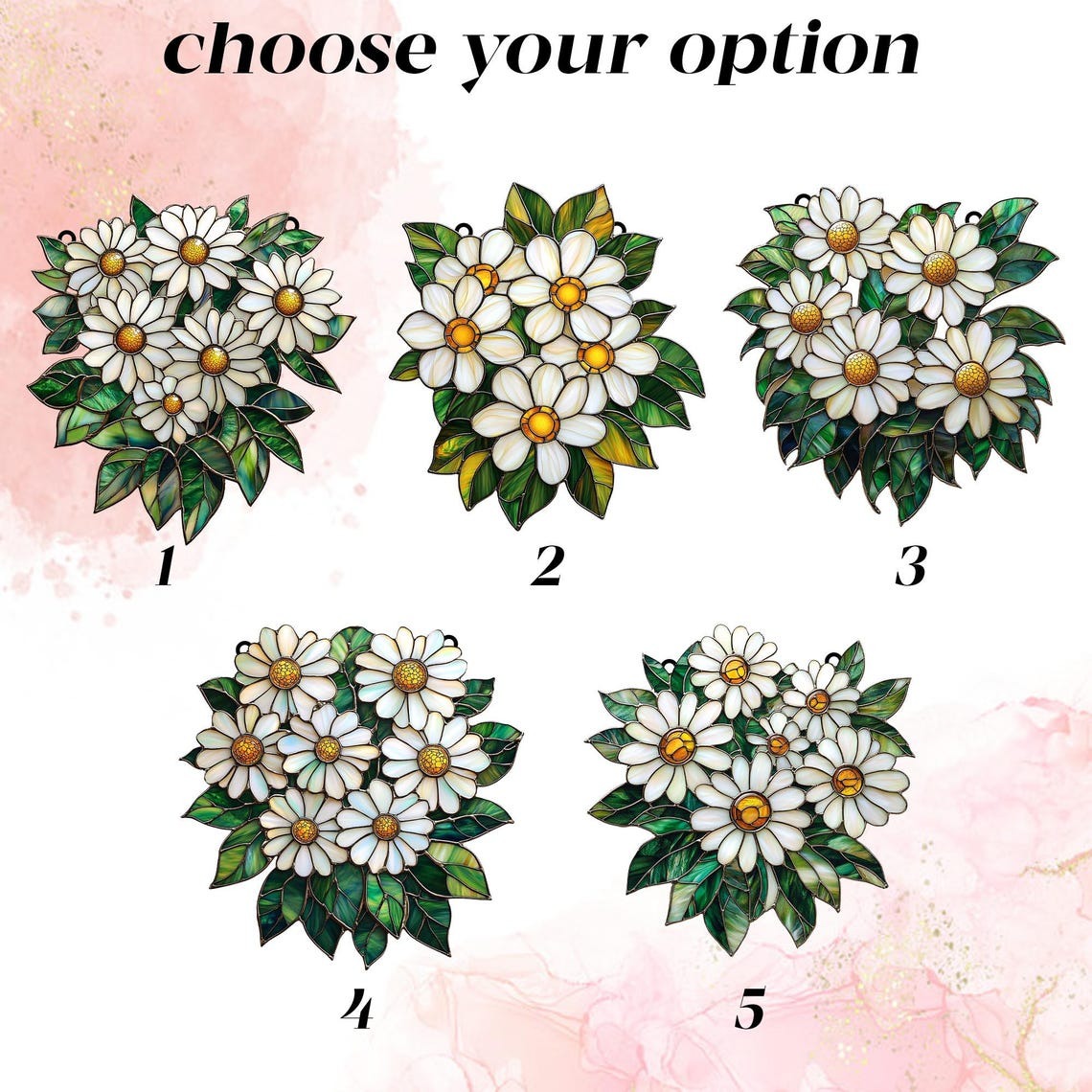 Daisy Flower Acrylic 2D FLAT Suncatcher – Faux Stained Glass Window Hanging with White Petals and Green Leaves
