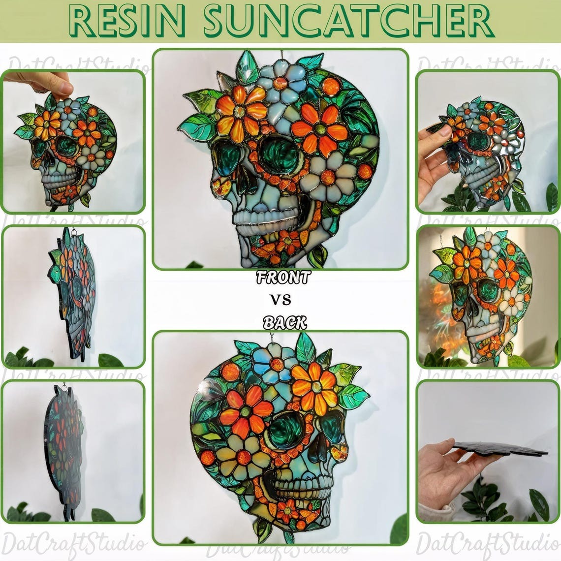 Daisy Flower Acrylic 2D FLAT Suncatcher – Faux Stained Glass Window Hanging with White Petals and Green Leaves